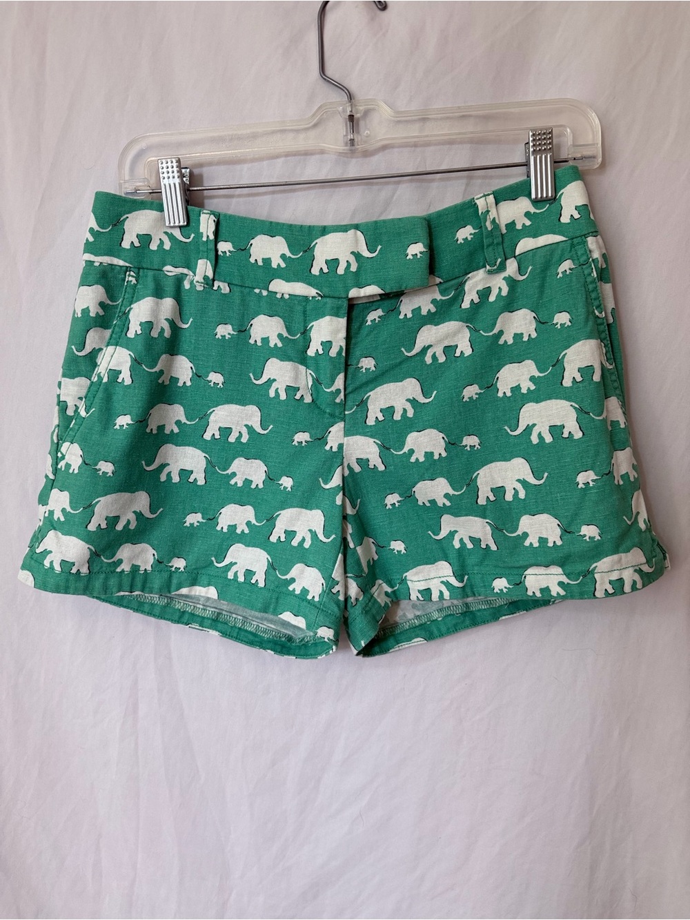 Green Elephant Print Linen Blend Shorts Novelty Preppy